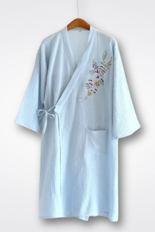 femme peignoir kimono |  fleuri long brodé Bleu / M.